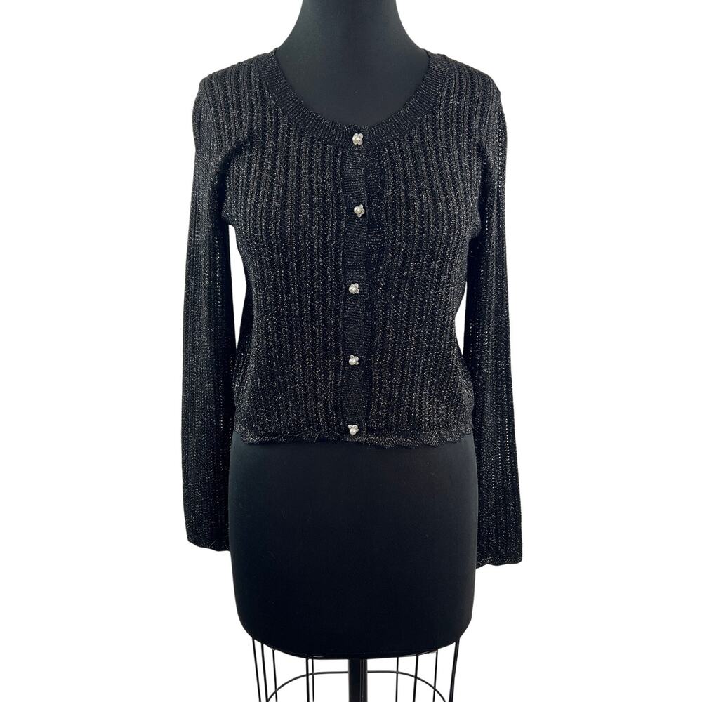 TAYLOR Black Silver Cardigan Sweater Ribbon Knit Pearl Floral Button Med M NEW